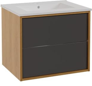 Mueble de Lavabo Erin 60 cm, Mueble de Lavabo Flotante, Mueble de baño, Lavabo Incluido, (Roble/Negro Vintage)
