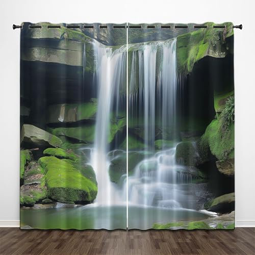 Vorhänge Grün Blickdicht mit Ösen 214 cm Lang, Natur Wasserfall Weicher Verdunklungsvorhänge, Felsformationen Moos H 214 x B 132 cm 2er Set Abdunkelnde Vorhänge Wohnzimmer Blickdichte Ösenvorhang