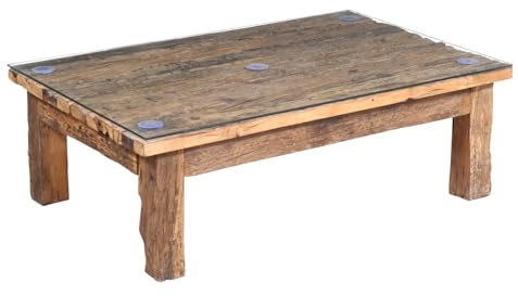 Marrakesch Table basse industrielle en bois 120 x 80 cm | Table basse avec plateau en verre de 8 mm comme décoration vintage de salon | Tables basses rustiques massives Aafke fabriquées à la main
