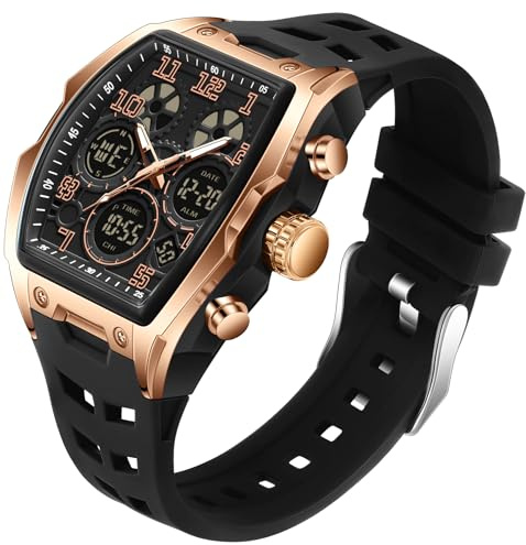 TICKEEN Herrenuhren für Herren Einzigartige rechteckige Uhren Militärische Digital-Analog Sportuhr Weiße Armbanduhr mit Alarm,Stoppuhr,Countdown,Stundenschlag,wasserdichte Multifunktionsuhren (Gold)