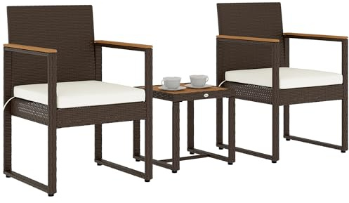 Outsunny 3-teiliges Rattan-Bistro-Set, Terrassentisch und Stühle Set mit abnehmbaren Kissen, Rattan-Gesprächsset mit Akazienholztisch & verstellbaren Fußpolstern für Garten Balkon, Weiß