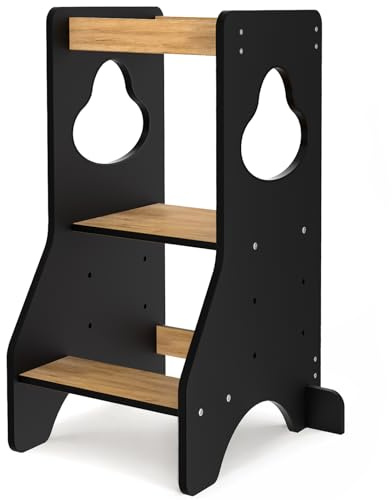 COSYLAND Lernturm ab 1 Jahr - Learning Tower - Höhenverstellbar Montessori Lernturm mit Kippschutz, 3-Fach höhenverstellbar, Schwarz und Natur