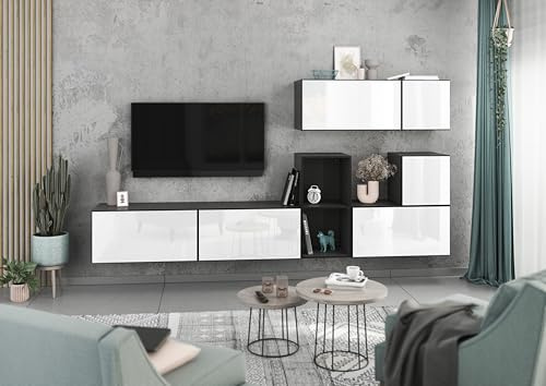 BMG Möbel Modernes Wohnzimmer Wohnwand Set 7 TLG. wählbar aus 8 Farbkombinationen, MDF Fronten tiefgezogen mit Softclose, Schränke mit Klappenfunktion, offenes Regal (Anthrazit - Weiß Hochglanz)
