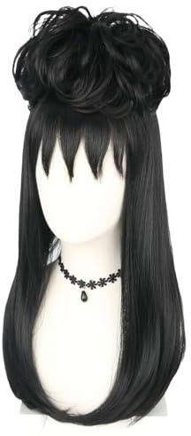 CGVG Lange Gerade Schwarze Perücke mit Halskette Retro Cosplay Perücke Damen für Halloween Cosplay Karneval (Schwarz)