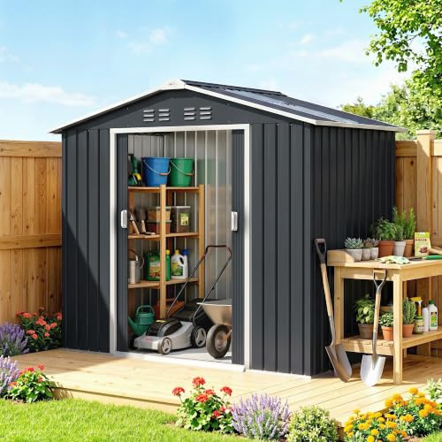 Outsunny Caseta de Jardín Exterior 2,5 m² 213x130x185 cm Gris Oscuro | Cobertizo de Jardín Exterior Metálico, 2 Puertas Correderas, 4 Ventanas, Base Refuerzo (Suelo NO Incluido)