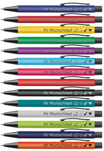 Kugelschreiber mit mattfarbigem Schaft & Metallclip | Blaue Mine | Wunschgravur (zweizeilig) | Farbmix verfügbar | Personalisierter Kugelschreiber als Werbegeschenk | 14 Farben (Mix, 100)