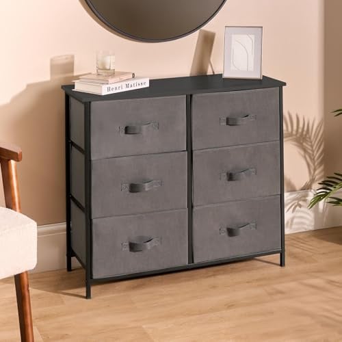 OHS Brooklyn Fabric Chest of Drawers, 6 Canvas Drawers Storage Organizer Unit with Sturdy Frame & Wood Top Space Saving Dresser Drawer for Bedroom Living Room Closet, Grey