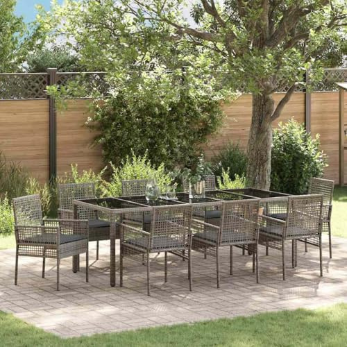 Aiious Stilvolles 9er Set Poly Rattan Esstischgruppe Grau Fuer Garten und Terrasse