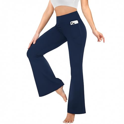 Fiohiros Schlaghose Damen mit Taschen, Hoher Bund Bauchweg-Effekt, Schwarz Elastische Yogahose & Leggings für Yoga, Gym und Workout
