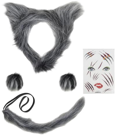 PDirat 4 Stück Wolf Kostüm Damen, Werwolf Kostüm Herren, Wolfs Ohren Set Mit Haarreif, Schwanz, Aufkleber Und Handschuhen, Verkleidungsset Für Erwachsene Für Cosplay Fancy, Karneval