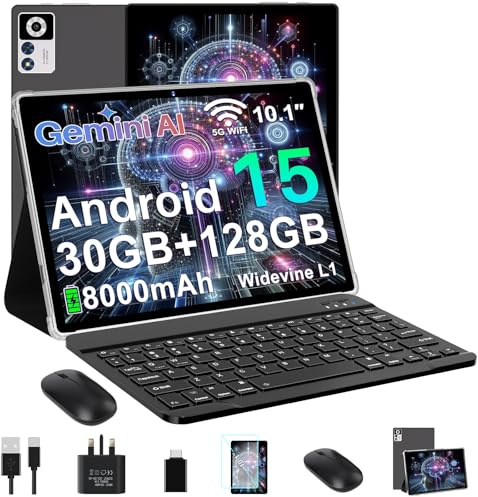 Android 15 Tablet 10 Inch, Gemini AI, 30GB RAM+128GB ROM (TF 2TB), 5G WiFi Tablets,Widevine L1 | 8000mAh | Octa-Core | 2.0GHz | 5G WiFi | BT 5.0 | 5+8MP, 2-in-1 Tablet with Keyboard and Mouse- Black