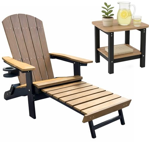 Ogarden Adirondack Loungesessel Arizona, Mit Fußschemel, Getränkehalter, Hips Kunststoff, Holz-Optik - für Balkon, Terrasse, Rasen, Kamin (Braun-Schwarz mit Beistelltisch)