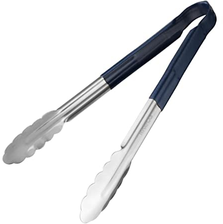 Hygiplas Pro-Grade Kitchen Serving Tongs 300mm, Blue Colour Coded - For Use With Raw Fish, Stainless Steel, Vinyl Coated Handles | CB156