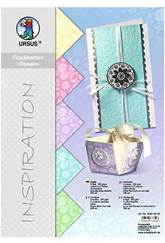 Ursus 60404699 - Flockkarton, Rosen, Pastell, DIN A4, 220 g/qm, 5 Blatt in verschiedenen Farben, durchgefärbt, einseitig mit weißem Flock veredelt, ideal für kreatives Basteln