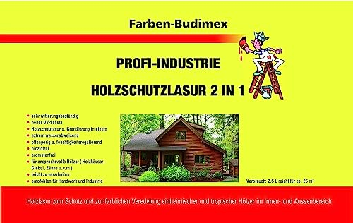 Farben-Budimex 2 in 1 Schutz Lasur/Farbton eiche-hell / 5 L/Holzschutzlasur 2 in 1, Grundierung u. Lasur in einem, Speziallasur v. Holzfachhandel mit hohem UV-Schutz