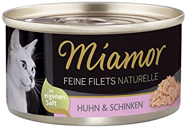 MIAMOR - Feine Filets Naturelle | Nassfutter für ausgewachsene Katzen mit Filetstückchen im eigenen Saft. Fettarmes Ergänzungsfutter in der Dose ohne künstliche Zusätze | 24x80g Huhn & Schinken