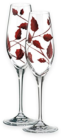 Quality Leaf Tendril Design Champagne Flutes Pair - Mouth Blown/Hand Decorated Glass - for Wedding/40th Anniversary