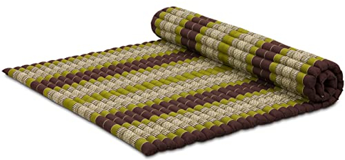 livasia Rollmatte XXL breit Doppelbett - 200x145x4,5cm - Gästebett Gästematratze 2 Personen mit Muster, Reisebett für Kofferraum und outdoor, Thaimatte Kapok Garten und Balkon (Braun/Grün)