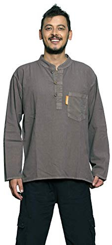 Simandra Fisherman Hemd Herren S-XXL versch. Farben | Langarmhemd aus Baumwolle | Fischerhemd im Kurta-Stil mit Stehkragen + Brusttasche + Holzknöpfe & Schlaufen + Seitenschlitze