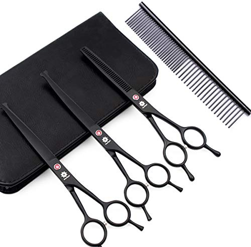 Dream Reach 7 Curved Dog & Cat Grooming Scissors Kit (3-Set Blunt Tip) | 7 In, Safety Round Tips, Dog Scissors with Comb, Stainless Steel, Sharp & Durable, Ambidextrous, for Dogs & Cats