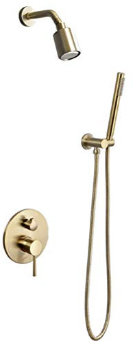 Robinet de douche Encastrable Mitigeur de douche Or Brossé Mitigeur de Baignoire et de douche en Laiton chaud et froid Robinet Ensemble de douche avec Pomme de douche et Tuyau de douche,D'or