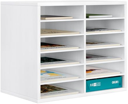 PAG 12 Fächer Verstellbarer Dokumentenablage aus Holz,Holz-Literatur-Stehsammler,Aktensortierer Briefablage A4 Zeitschriftenständer,für Büro/Zuhause/Schule, Weiß