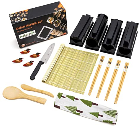 Eco Oxygen, kit de sushi completo de 23 piezas + guía de preparación PDF, novedad 2022, kit profesional de bricolaje, estera de bambú, 8 moldes para preparar rollos
