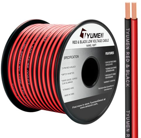 TYUMEN Cable eléctrico de calibre 14/2 de 100 pies, cable eléctrico rojo y negro, cable de extensión de 12 V/24 V CC, cable de extensión flexible de 14 AWG para iluminación de cinta de lámpara LED