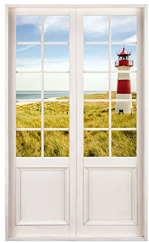 Wandtattoo 120 x 200 cm - Terrassentür mit Ausblick auf Ostsee mit Leuchtturm - Wandsticker