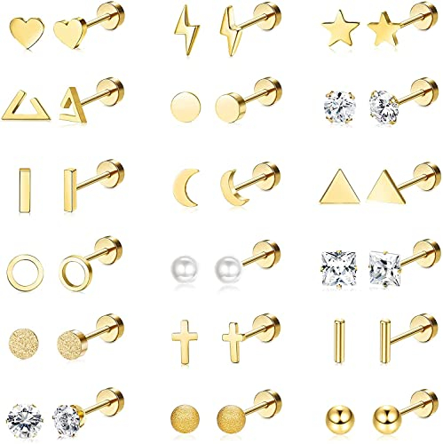 LOLIAS 18 Paar Chirurgische Edelstahl Ohrstecker Für Frauen Männer Knorpelohrringe Ohrstecker Kreuz Mond Stern Kleine Ohrstecker Gold Schraube Flache Rückseite Ohrringe Ohrpiercing Ohrstecker