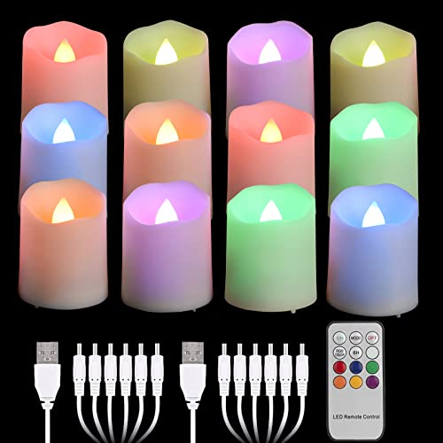 FREEPOWER 12er Wiederaufladbare LED Teelichter Farbwechsel mit Fernbedienung Timer Flackern Elektrische RGB Aufladbare Kerzen mit 2 USB-Kabel, Deko für Weihnachten Halloween Party Familie