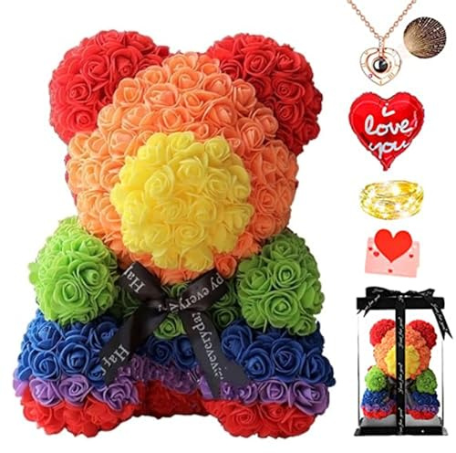 xixi-home Ours en Rose,Fleur Ours,25 CM Nounours en Rose Cadeau Rose Eternelle Saint Valentin Ours à Fleurs avec lumière LED Carte Cadeau, Coffret Cadeau,Anniversaire Fete des Meres