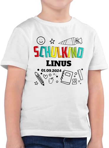Kinder T-Shirt Jungen - Einschulung Schulanfang Junge - Schulkind Scribble - 128 (7/8 Jahre) - Weiß - personalisierte t-Shirts Schulstart einschulungst-Shirt Jungs schulkinder Datum Shirt Tshirt