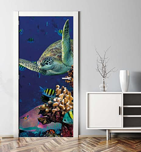 MyMaxxi - Tür bekleben mit Türtapete Türposter Türfolie Selbstklebend 90x200 Schnorcheltour - Tür verschönern Türaufkleber Türklebefolie Rochen Fische Meerestiere blau
