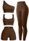OQQ Damen 4 Stück Outfits Gerippte Übung U-Ausschnitt Sport BH One Shoulder Tops Hohe Taille Shorts Leggings Active Set, coffee, Large