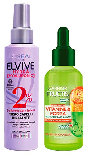 Garnier Fructis Vitamine und Stärke Behandlung gegen Haarausfall sprödes Haar mit Biotin und Vitamin C 125 ml + Elvive Hydra Hyaluronic Haarserum feuchtigkeitsspendend ohne Ausspülen mit Hyaluronsäure