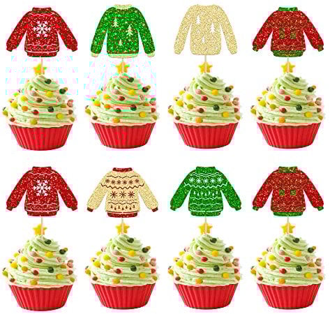 24 Stück glitzernde hässliche Pullover Cupcake Topper Gold Grün Rot Weihnachtsbaum Hirsch Schneeflocke Cupcake Picks Winter Merry Christmas Thema Neujahr Urlaub Party Kuchen Dekorationen Zubehör