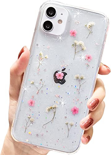 AMART for iPhone 11 Case Flowers,Clear with Pressed Real Dried Flower Cute Glitter Design Case Transparent Women Girls Floral Soft Slim TPU Protective Phone Cover for iPhone 11(6.1”)(Pink Gypsophila)