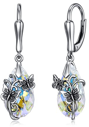HARMONY BOLA Schmetterling Ohrringe mit Kristall 925 Sterling Silber Hypoallergen Schmetterling Leverback Tropfen Ohrringe Schmuck Geburtstags Muttertagsgeschenk Geschenke für Mama Mädchen Frauen