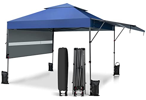 GOPLUS Carpa Plegable 3x3 Impermeable, Cenador con 2 Toldos Laterales Extensibles y Altura Ajustable, Carpa para Exteriores con Ruedas y Bolsa Portátil, UV50+, para Camping, Mercado (Azul)