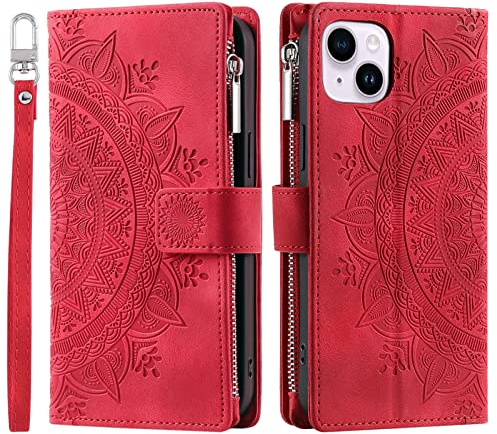 VEEMOS Wallet Case for iPhone 14 Flower Flip Case Protective Leather Folio Book Phone Cover with Card Slots Kickstand Zipper Pocket - Red
