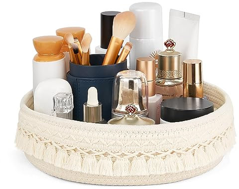 Mkono Makeup Perfume Organizer Macrame Boho Woven Decorative Rope Basket Perfume Tray for Dresser Cosmetics Desk Vanity Storage Lotions Essential Oils Jewelry Display Case Room Decor Gift
