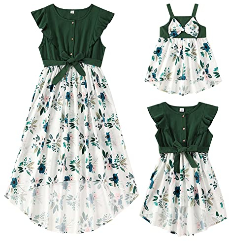 IBTOM CASTLE Mama und ich Kleider Sommer Gerafftes Freizeitkleid Mädchen Einfarbig Gestreiftes Midikleid Mutter und Tochter Familie Passendes Outfit Grün Floral M