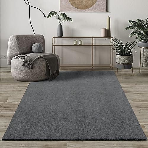 Mia's Teppiche Comfort Moderner Flauschiger Kurzflor Teppich, Anti-Rutsch Unterseite, Waschbar bis 30 Grad, Super Soft, Felloptik, Anthrazit, 80 x 150 cm