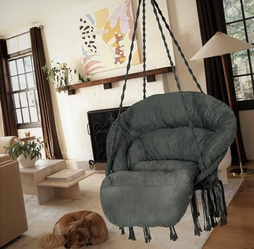 Bathonly Hängesessel mit Kissen, handgefertigter Makramee-Schaukelstuhl mit mit hängenden Kits, Bohemian Coton Hängeschaukel, Hängestuhl für Indoor & Outdoor, bis 150 kg belastbar, Dunkelgrau