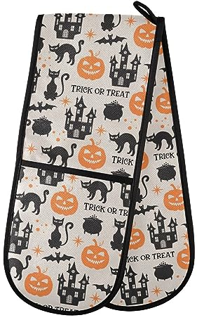 Double Oven Gloves Halloween Cat Bat Pumpkin Heat Resistant Pot Holder Oven Mitt Gloves for BBQ Cooking Baking Grilling Microwave