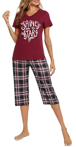 iClosam Pyjama Femme Été Coton T-Shirt avec Poche à Carreaux et Capri | Coton Doux Et Respirant, Toucher Léger, Souplesse Agréable, Printemps Et Été, Nuits Douces, Maison Et Repos, Usage Quotidien