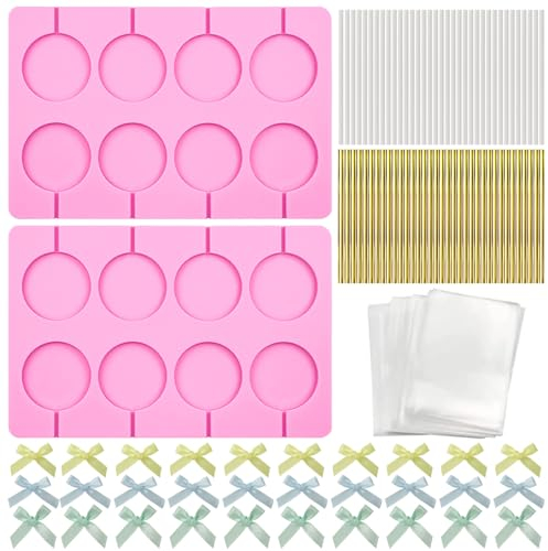 Sixfolo Moule à Sucettes 2 Pcs Moule à Sucettes en Silicone Moule à Chocolat à Sucettes à 8 Cavités Moule à Bonbons Dur Rondes avec 60 Bâtonnets,60 Sachets,120 Rubans pour Faire Chocolats Sucette