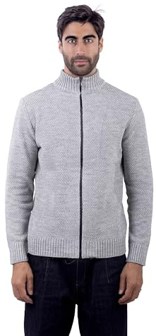 CLASSE77 Maglia con Cerniera in Lana Misto Alpaca - Mezzo Collo a Tinta Unita; Punto di Cucitura Chicco di Riso - Cardigan Maglione Invernale con Zip - Made in Italy (L, Grigio Chiaro)