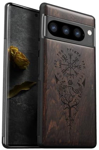 Carveit Wood Case for Pixel 8 Pro - Natural Wood & Black Soft TPU - Shockproof Protective Cover - Unique Wooden Case - Compatible with Google Pixel 8 Pro - Viking Compass - Blackwood